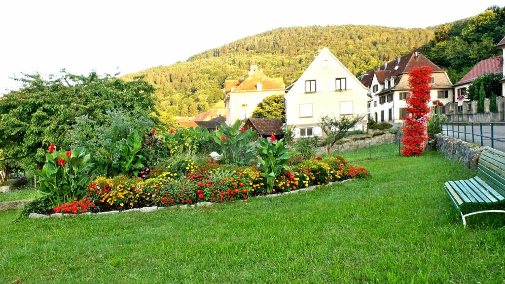 Bright flower garden in front of a village with white houses and a forested hill in the background.
