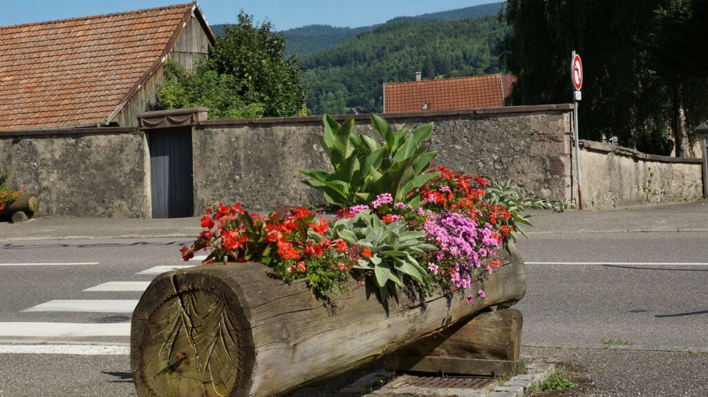 Wooden log planter overflowing with red, pink, and purple flowers on a street, beside a weathered stone wall and red-tiled rooftops; hills in the background.