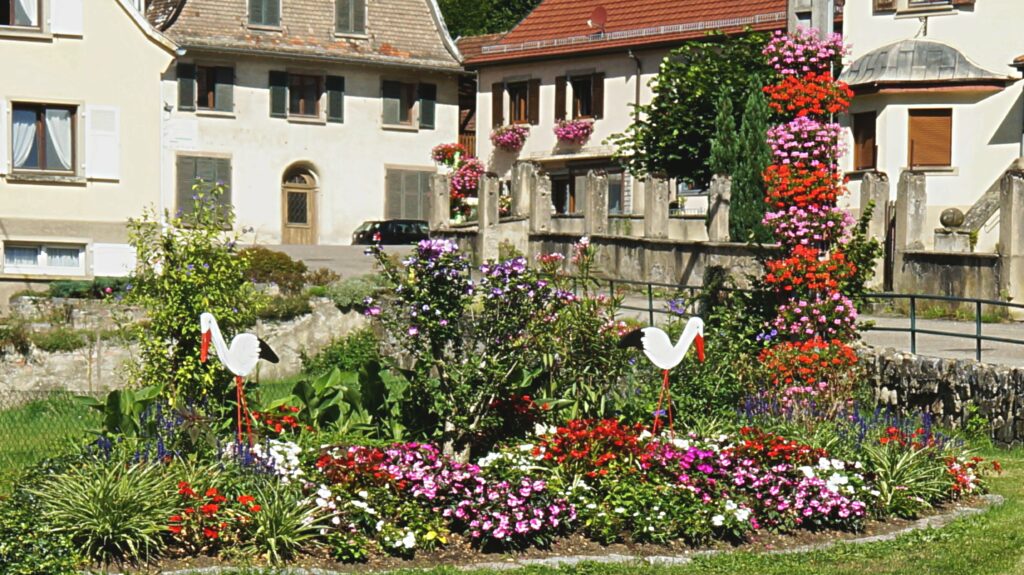 Vibrant flower garden in a European village with pink and red blooms, a stone wall, and pastel houses in the background, plus plastic flamingo lawn ornaments.
