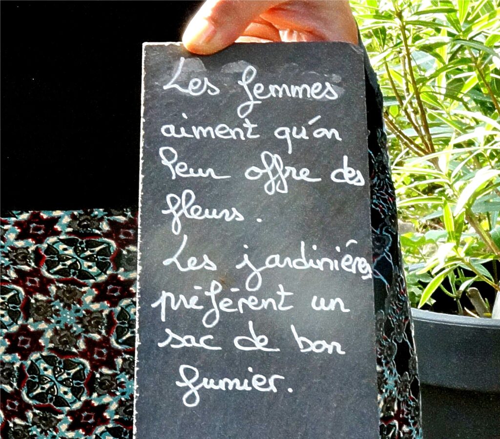 Hand holding a chalkboard sign with cursive French text outdoors, green plants in the background.