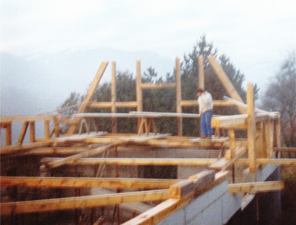 Wood frame of a building under construction with a worker standing on a beam; foggy trees in the background.