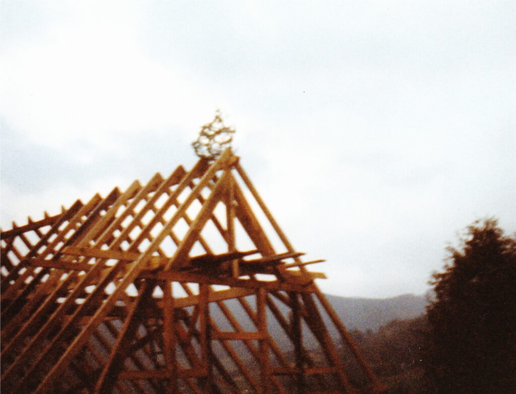 Wooden roof trusses under construction against a cloudy sky with distant hills behind them.