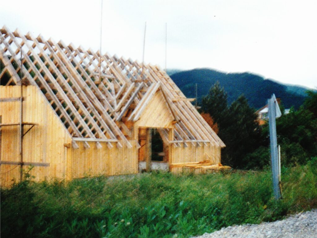 Under-construction wooden house with exposed roof trusses in a grassy lot, mountains in the background?