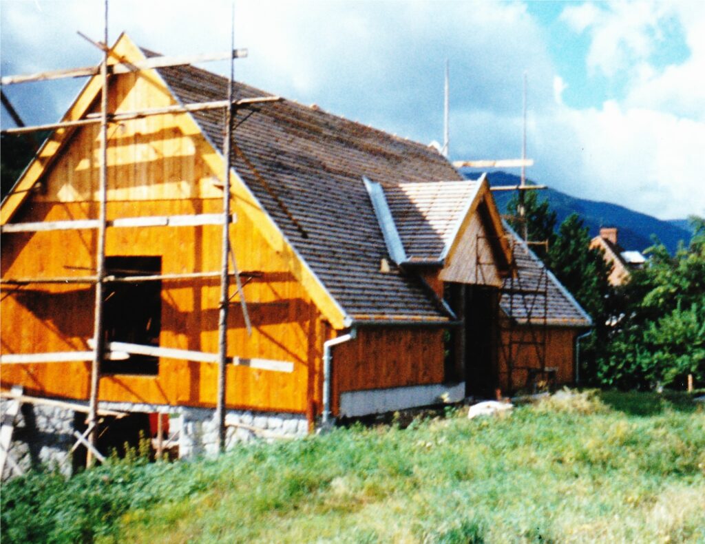 House under construction with wooden framing, scaffolding, and a tiled roof in a grassy field near the mountains.