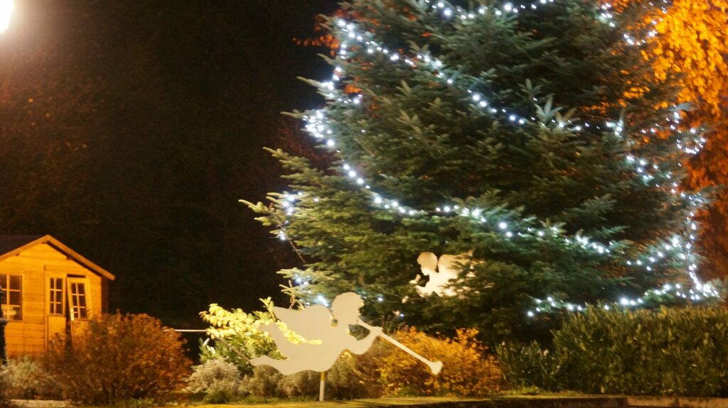 Nighttime outdoor scene with a tall evergreen tree wrapped in white string lights beside a wooden house. The yard and bushes are softly illuminated.