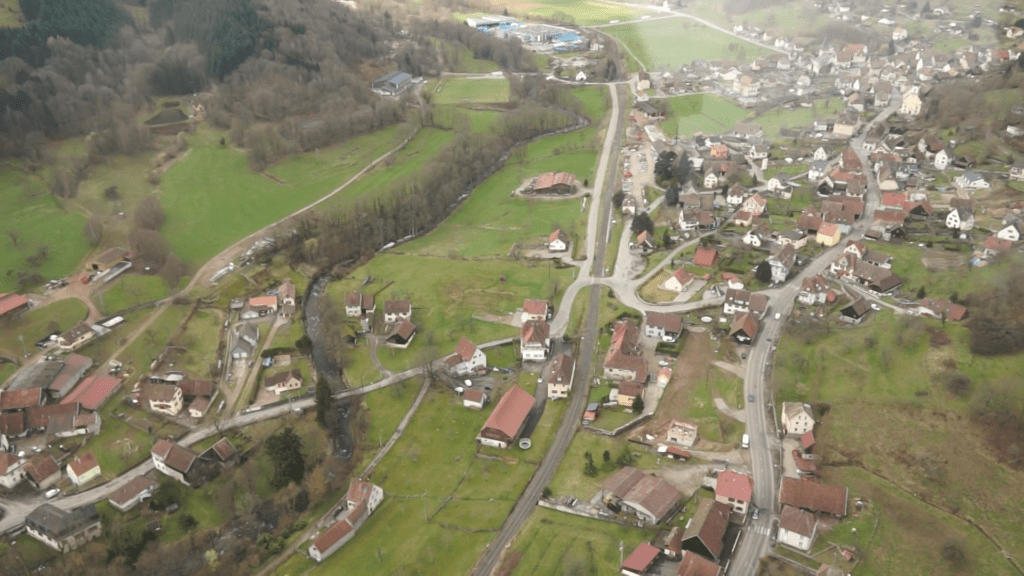 Aerial view of a rural village with a winding main road through houses on the right and green fields and trees on the left.