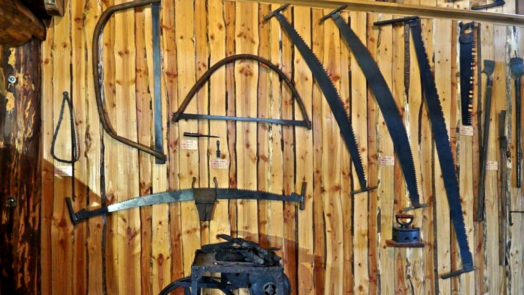 Wall-mounted display of antique woodworking tools in a workshop, featuring several handsaws, a bow saw, and other cutting tools on a wooden wall.